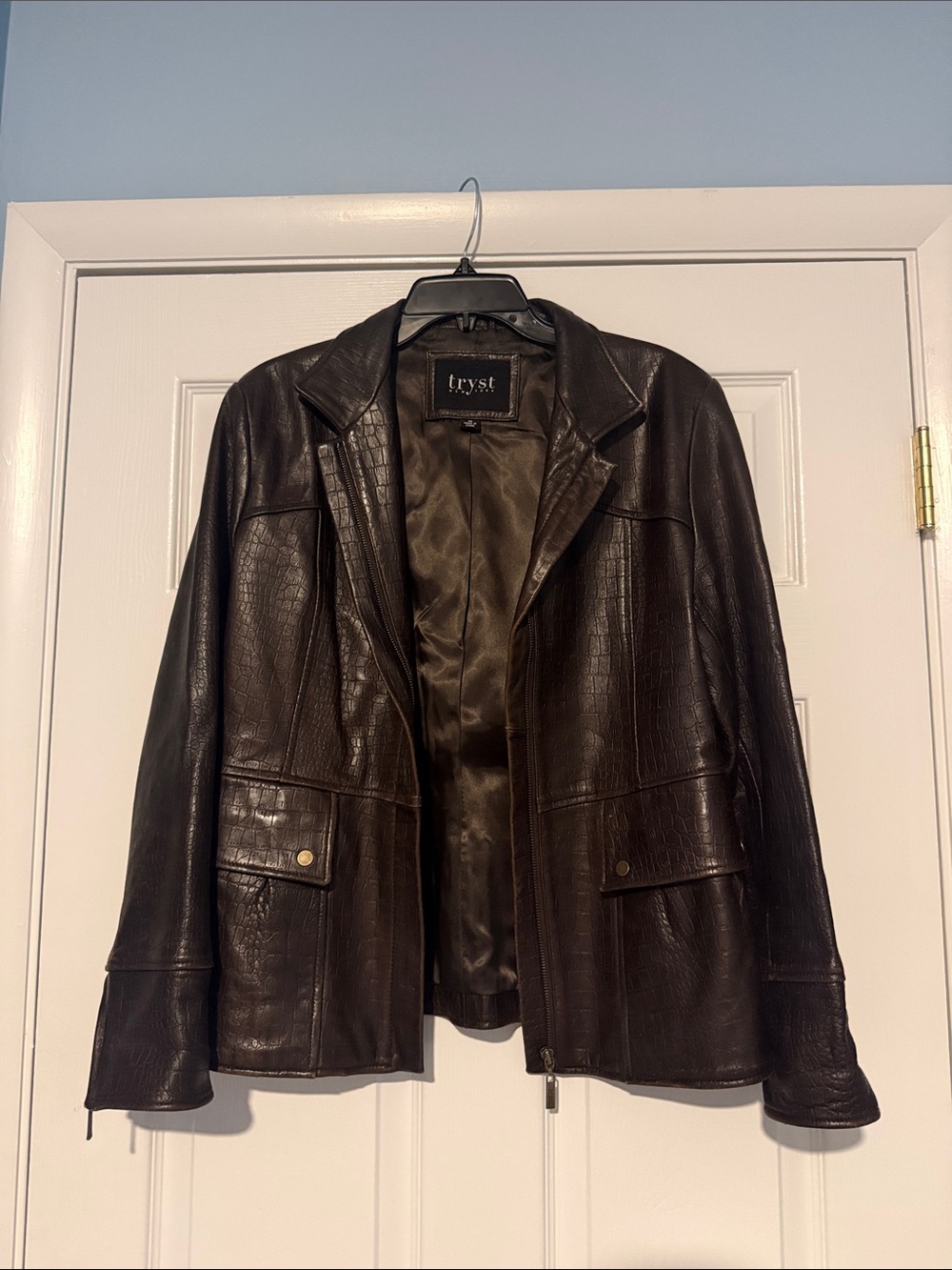 Tryst Dark Brown Croc-Embossed Leather Jacket